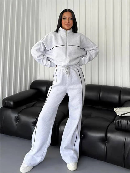 Sweatshirt Two-piece Suit Women's Oversize Striped Casual Sports Sets Zipper-up Short Jacket Straight Trousers 2-piece Sets