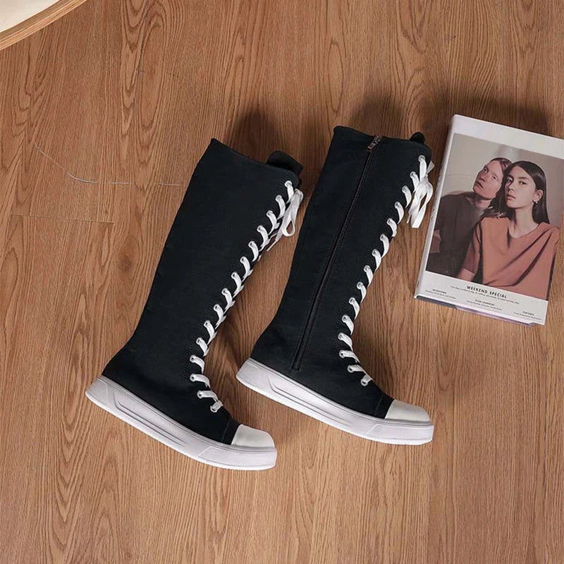 Canvas High Top Boots High Top Shoes Long Boot Lace-up Zipper Comfortable Canvas Sports Boots Flat Boot