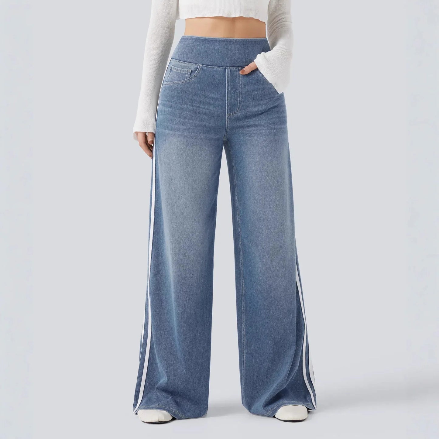 Retro Washed Blue Side Stripe Jeans Women's Y2K High Street Loose Wide Leg Pants Casual Comfortable High Waist Denim Jeans