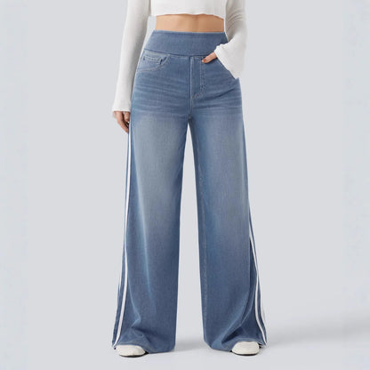Retro Washed Blue Side Stripe Jeans Women's Y2K High Street Loose Wide Leg Pants Casual Comfortable High Waist Denim Jeans