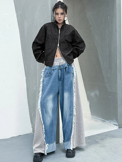 NYFS Europe United States Patchwork Loose plus Size Women's Jeans Elastic Waist Trousers Autumn Fashion Denim Wide-leg pants