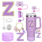 8PCS Accessories Set for Stanley Cup Purple 30oz 40oz tumbler Silicone Straw Topper Cover Cap Boot Handle Charm Initials Sticker