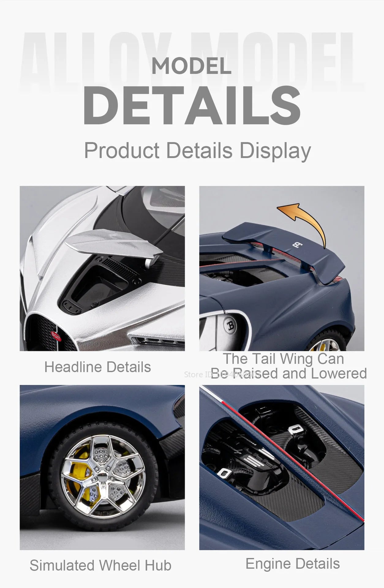 Bugatti Tourbillon, Nissan Skyline GTR, Model Sports 1:24 Car Alloy Diecast Sound Light Doors Opened Shock Absorption Ornament Supercar Toys Gift