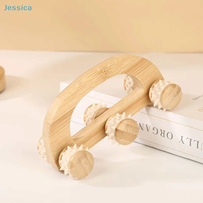 ♥Handheld Wooden Massage Roller Tool - 6 Spiky Wheels Massager for Muscle Pain Relief & Lymphatic Drainage
