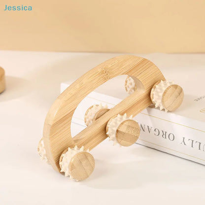 ♥Handheld Wooden Massage Roller Tool - 6 Spiky Wheels Massager for Muscle Pain Relief & Lymphatic Drainage