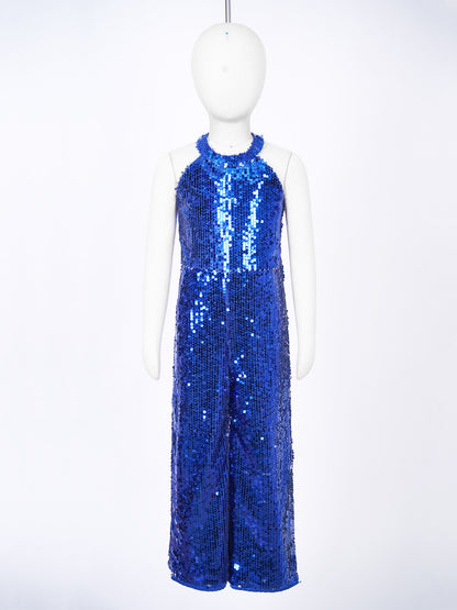 Kids Girls Jazz Dance Performance Jumpsuit Shiny Sequin Sleeveless Halter Romper Birthday Wedding Party Dancing Prom Bodysuit