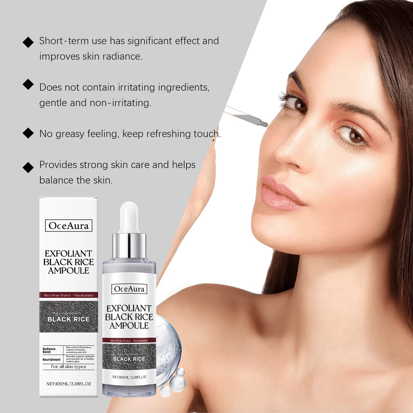 Black&White Rice Exfoliating Essence Dead Skin Remover Facial Glowing Replenisning Shrink Pore Hyaluronic Acid Brightening Serum