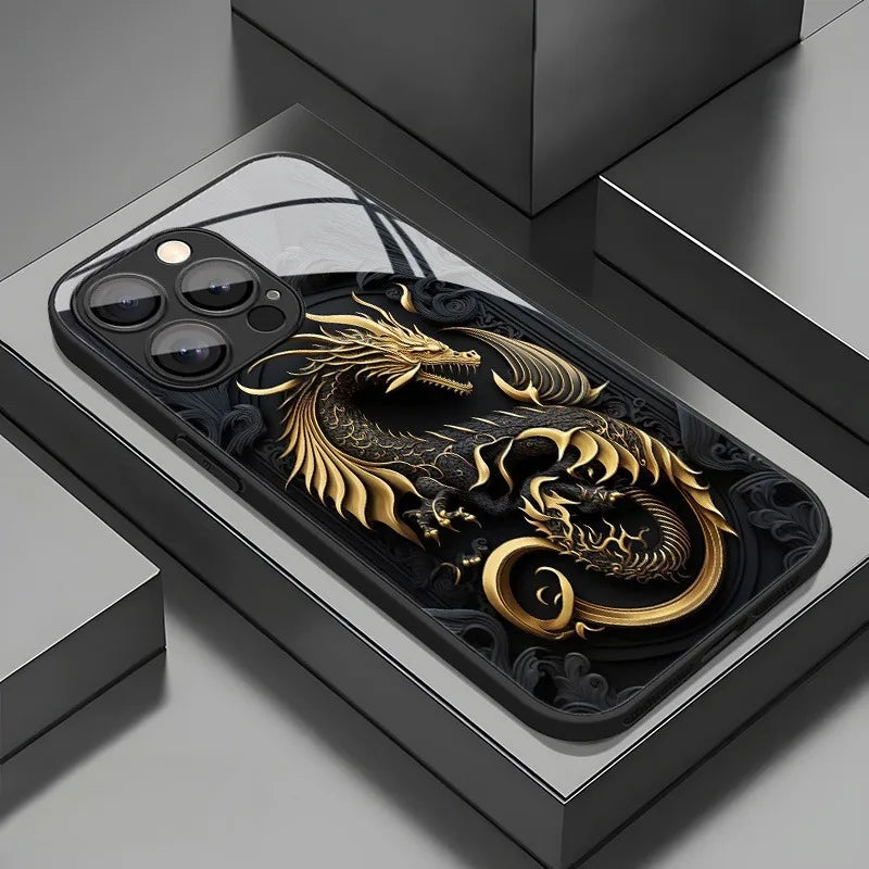 Luxury Golden Dragon Pattern Tempered Glass Black Phone Case For Samsung Galaxy S25 S24 S23 Ultra Plus FE Shockproof Cover