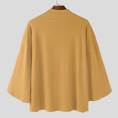 INCERUN Men T Shirt Solid Turtleneck 3/4 Sleeve Fashion Male Tee Tops Knitted Korean Style Streetwear 2026 Casual Men Clothing