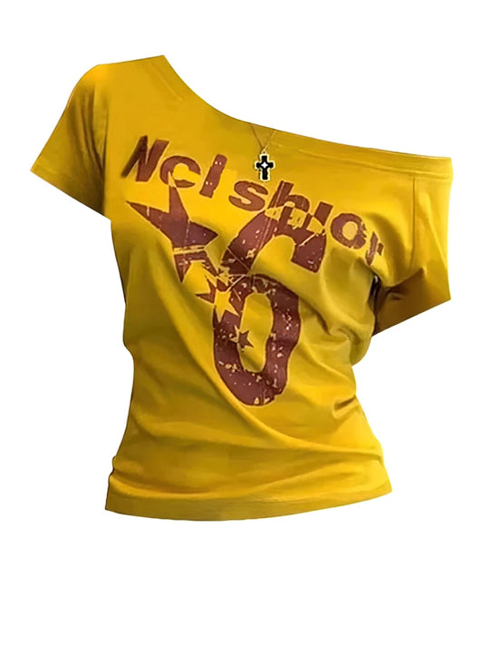 Y2k Sport Summer Off shoulder Top Women Sexy Vintage 2000s Short sleeve T shirt  Lady Body Basic Crop Top Female Casual