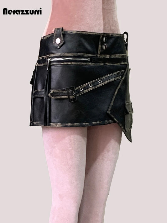 Mauroicardi Summer Cool Distressed Black Faux Leather Mini Asymmetrical Skirt Woman High Waist Short Luxury Designer Emo Clothes