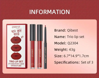 3 in 1 Lipstick and Lipliner Set, Long Lasting Waterproof Lip Stain Liquid Lipgloss Set for Women Halloween Gothic Makeup