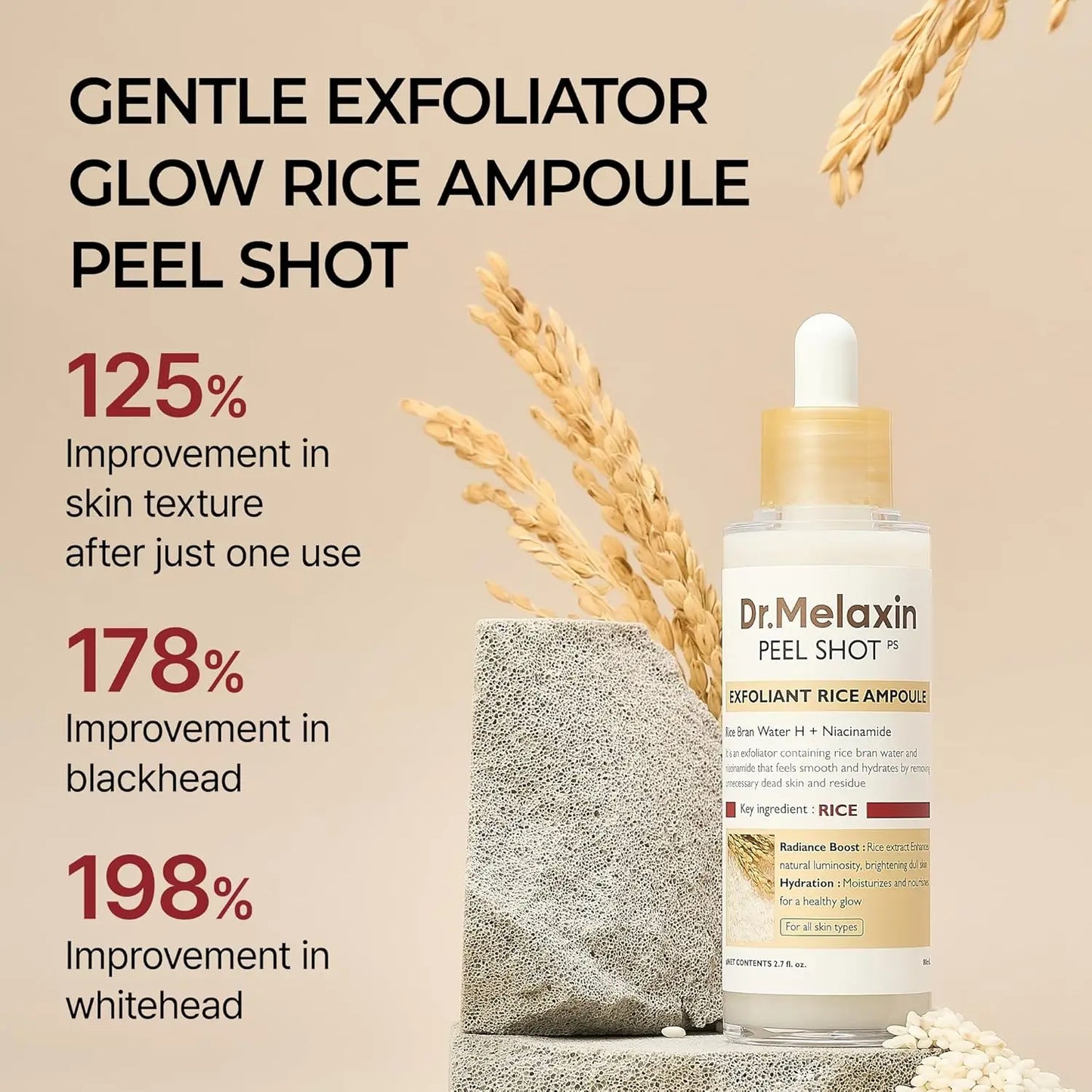 Dr. Melaxin Peel Shot Glow White Rice Peeling Ampoule 80ml,Dead Skin Gentle Exfoliating Ampoule with Rice Water Extract,AHA BHA,Niacinamide
