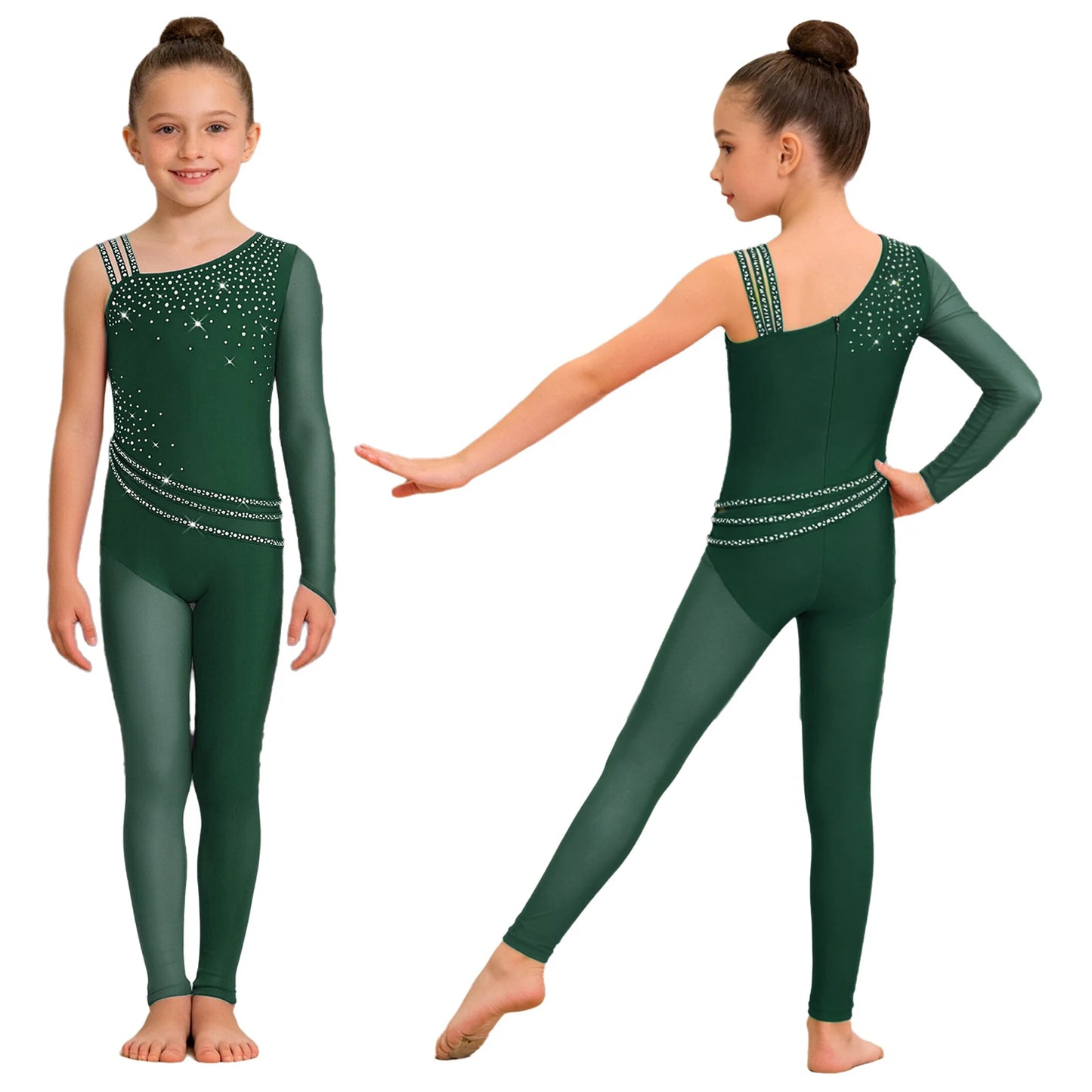 Kids Girls Ballet Dance Gymnastics Leotard Shiny Rhinestones Mesh Asymmetrical Jumpsuit for Figure Skating Acrobatic Performance