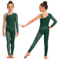 Kids Girls Ballet Dance Gymnastics Leotard Shiny Rhinestones Mesh Asymmetrical Jumpsuit for Figure Skating Acrobatic Performance