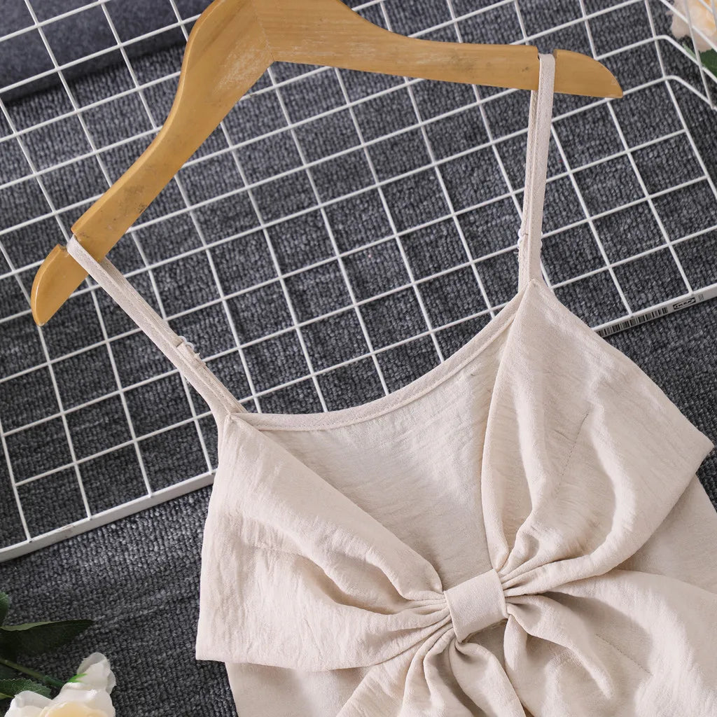 2025 Kids Girl Apricot Jumpsuit Children Romper Summer Sling Solid Casual Vacation Cute Teen Girl Clothing Set 7 8 9 10 11 Yrs