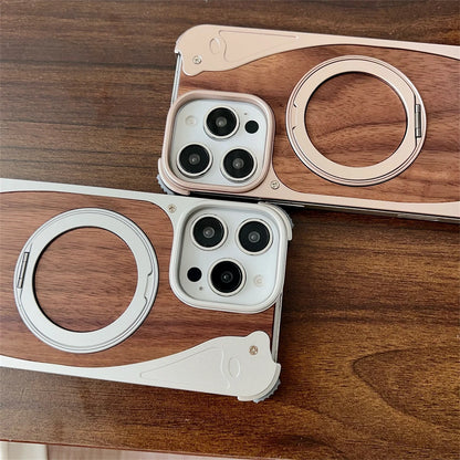 Luxury Metal Frame Walnut Wood Frameless Phone Case For iPhone 17 16 15 14 Pro Max Magsafe Magnetic 360 Rotating Bracket Cover