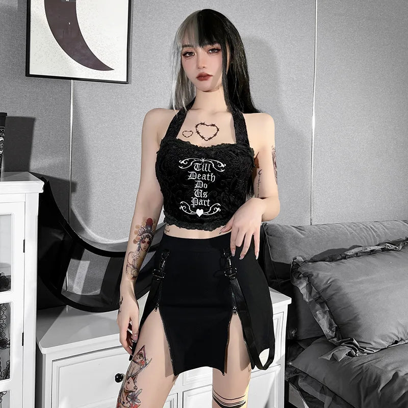 Dark Double Zipper Bag Hip Split Gothic Design Tight Skirt Harajuku Black Gothic Bag Hip Skirt Kawaii Vintage Y2k Skirt