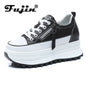 Fujin 7cm Genuine Leather Women Platform Shoes Wedge Sneakers Lace Up