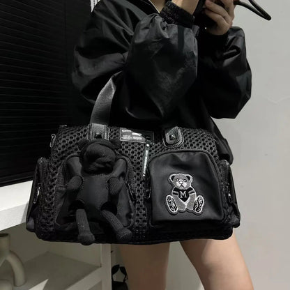 Ladies' fashionable mesh splicing casual handbag with multiple pockets, teddy bear doll, single shoulder diagonal cross bag