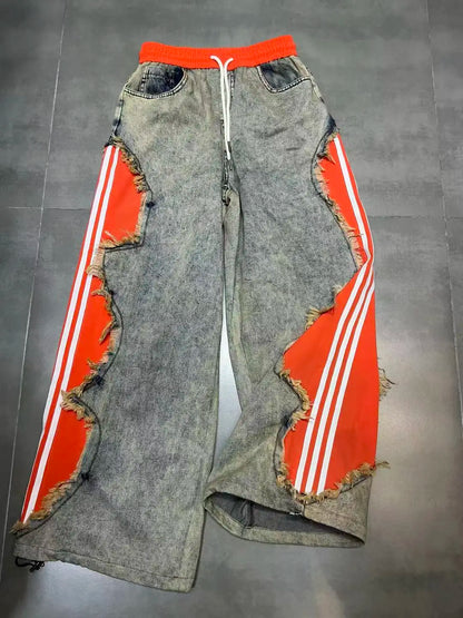 Trendy Drawstring Casual Women's Jeans Spring Summer New Style Side Color Block Striped Washed Grey Pants Natural Waist Denim