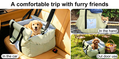 Portable Dog Car Seat Pet Dog Booster Seat Puppy Travel Carrier Bed with Safety Belt Storage Pocket Removable Washable Cover