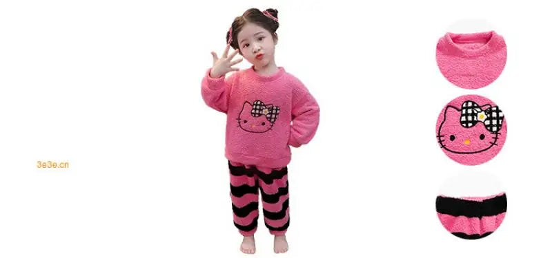 Hot Hello Kitty Girls Flannel Pajamas Sets Sanrio Kids Cartoon Kawaii Sweet Leisure Wear Keep Warm Autumn Winter Home Clothes