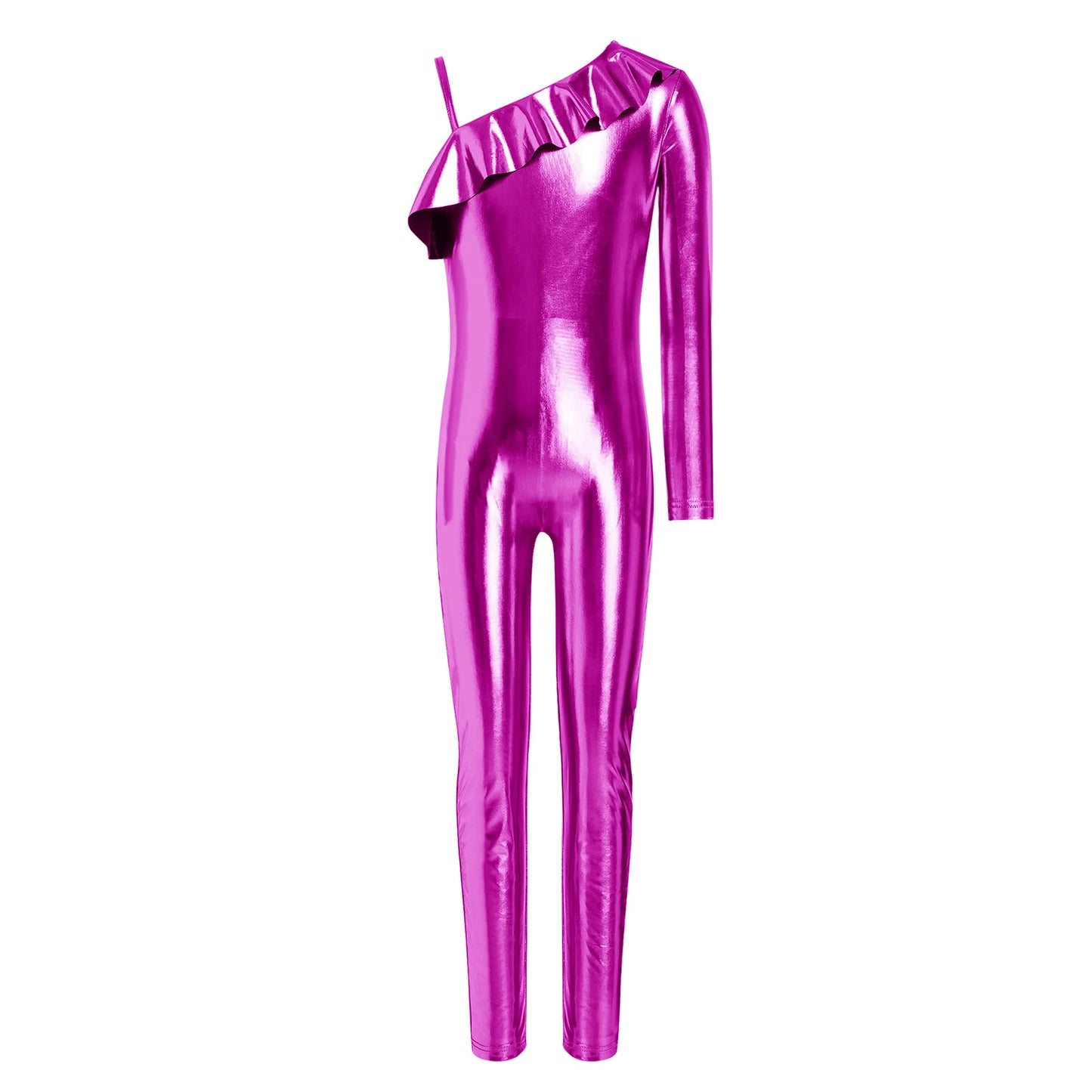 Kids Girls Metallic Shiny Ballet Dance Unitards Figure Skating Acrobatics Gymnastics Leotard One Shoulder Long Sleeve Jumpsuit