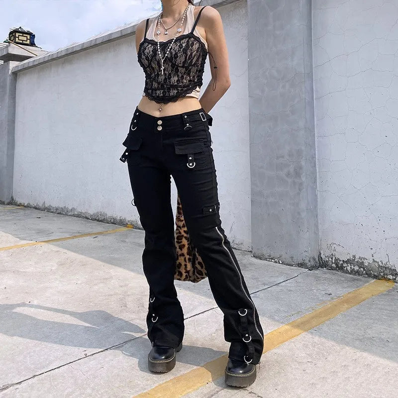 Dark Punk Y2k Grunge Low Waist Emo Jeans Mall Gothic Women Black Patchwork Electro Pants Fashion Streetwear Alt Clothes