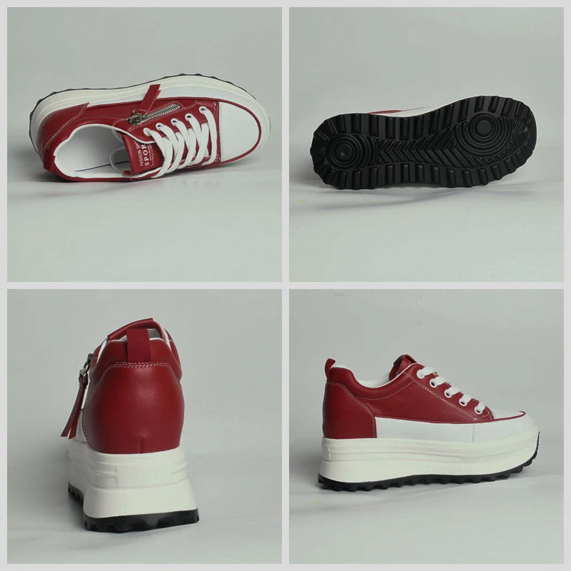 Fujin 7cm Genuine Leather Women Platform Shoes Wedge Sneakers Lace Up