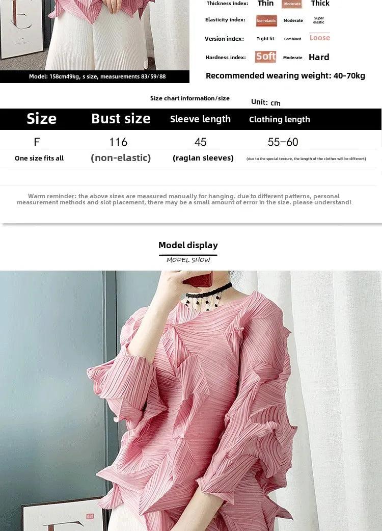 Diamond Pleated Top 8161 Artistic Raglan Sleeve Crew Neck T-Shirt  Spring Summer Fashionable Pleated Des
