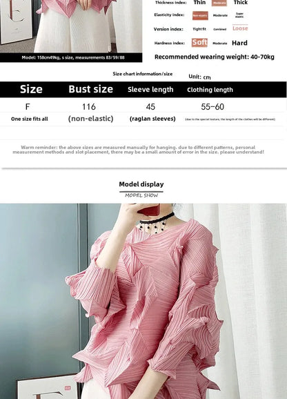 Diamond Pleated Top 8161 Artistic Raglan Sleeve Crew Neck T-Shirt  Spring Summer Fashionable Pleated Des