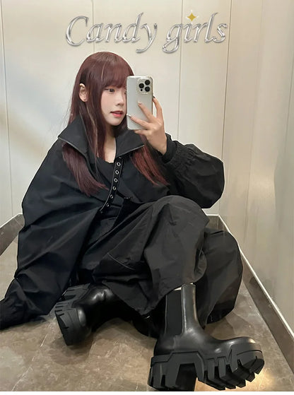 Retro Chelsea Mid-Calf for Women  New round Toe Muffin Gear Platform Black Mid-Calf Length Motorcycle Boots