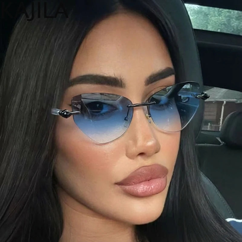 Sexy Cat Eye Punk Rimless Sunglasses Women Luxury Brand Retro Steampunk Polygon Sun Glasses For Ladies Fashion Shades UV400