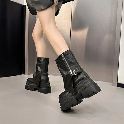 NEW Women's Leather Ankle Boots 10CM Heels Chunky Platform Combat Boots Non Slip Motorcycle Shoes Woman Punk Boots