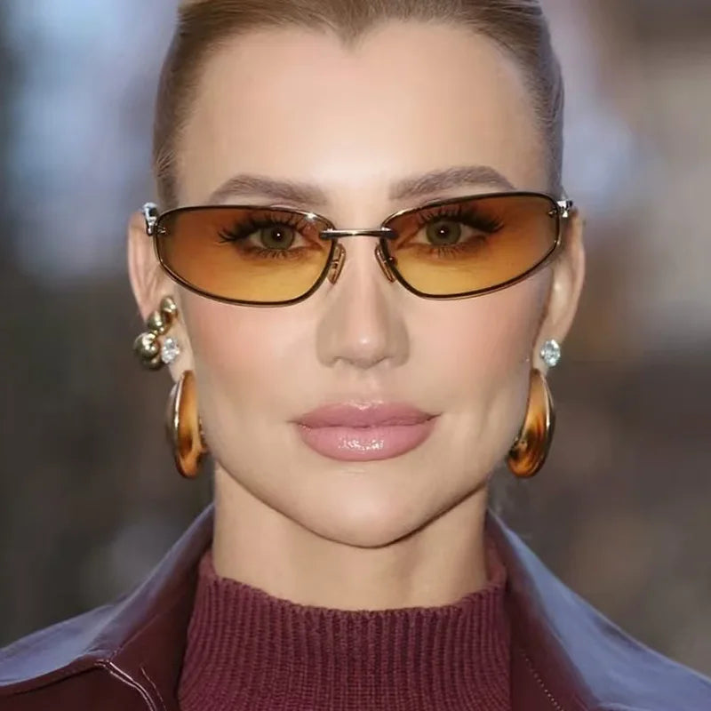 New Y2K Sunglasses For Women High Quality Oval Fashion Luxury Brand Rimless Glasses Trendy Woman Alloy Ladies Shades Eyewear