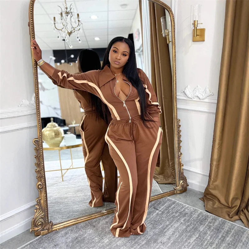 Doyerl Striped Casual Two Piece Set Woman Tracksuit Sports Joggers Zip Long Sleeve Jacket and Sweatpants Matching Sets Outfits