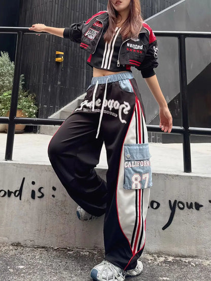 European Style Casual Pants for Women 2026 Spring Summer New Large Pocket Letter Print Embroidery Patchwork Denim Trousers Trendy