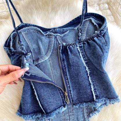 Two Pieces Women Pant Set Denim Matching Set Solid Camisole Sleeveless Top Zipper Fly Empire Waist Full Length Pants 2026 Summer
