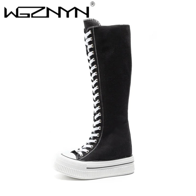 NEW Luxury Platform Boots Women Canvas Casual High Top Shoes Long Boot Lace-Up Zipper Comfortable Flat Sneakers Tenis Feminino