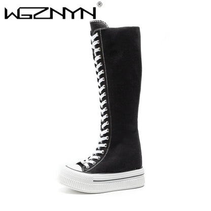 NEW Luxury Platform Boots Women Canvas Casual High Top Shoes Long Boot Lace-Up Zipper Comfortable Flat Sneakers Tenis Feminino