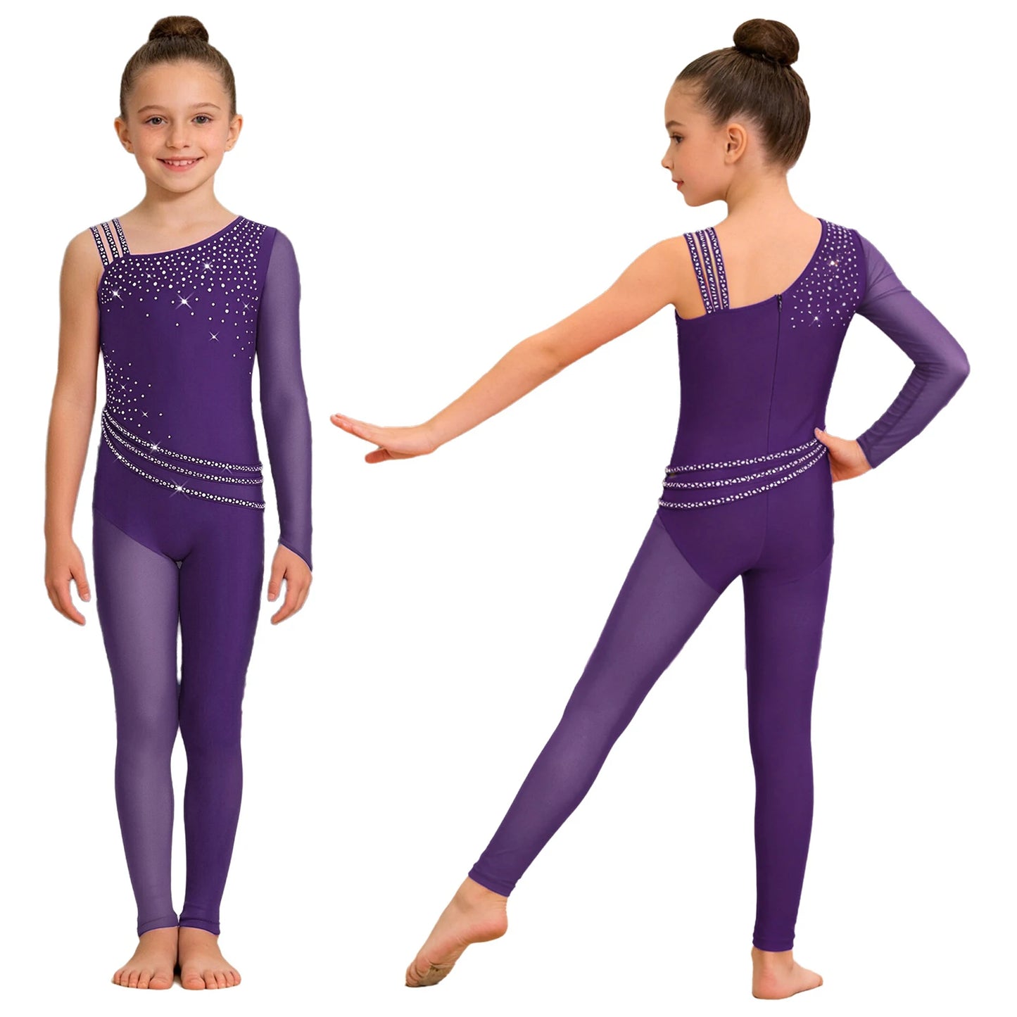 Kids Girls Ballet Dance Gymnastics Leotard Shiny Rhinestones Mesh Asymmetrical Jumpsuit for Figure Skating Acrobatic Performance