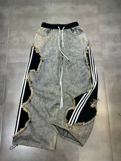 Trendy Drawstring Casual Women's Jeans Spring Summer New Style Side Color Block Striped Washed Grey Pants Natural Waist Denim
