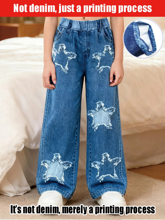 2026 Girls Comfortable Soft Fabric Wide-leg Pants, Casual Daily Versatile Style, Star Element Printed Imitation Denim Trousers