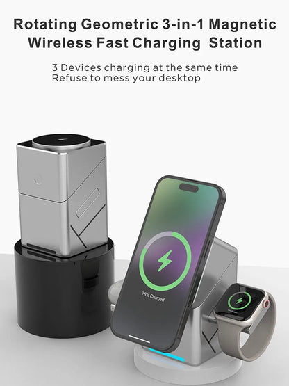 Qi2 3 in 1 Magsafe Wireless Chargers Station for iPhone & Samsung Magnetic Charging Dock for Apple Watch Charger