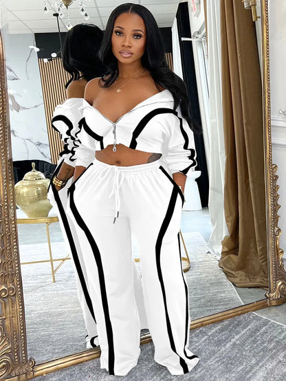 Doyerl Striped Casual Two Piece Set Woman Tracksuit Sports Joggers Zip Long Sleeve Jacket and Sweatpants Matching Sets Outfits
