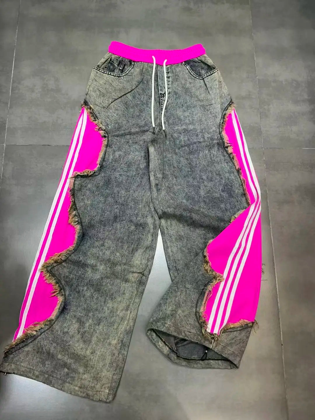 Trendy Drawstring Casual Women's Jeans Spring Summer New Style Side Color Block Striped Washed Grey Pants Natural Waist Denim