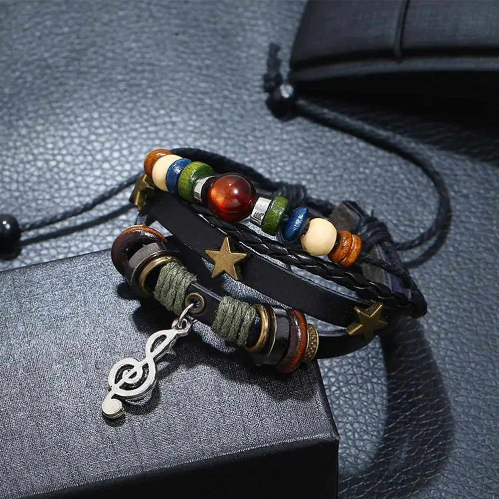 Adjustable 2026 Trendy Musical Note Wood Beads Niche Design Leather Gypsy Hippie Bracelet Vintage Rope Layered Bracelet