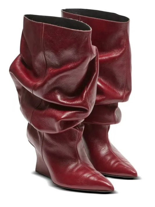 Autumn and Winter Pointed, Thick Soled, High-heeled Boots, Knee High Boots, Pleated Pile Party, Large Women's Short Boots