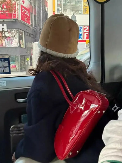 JIAERDI Red Underarm Bag Purse Women High Street Hot Girls Patent Leather Casual Handbag Female Vintage Bowling Bag Aesthetic